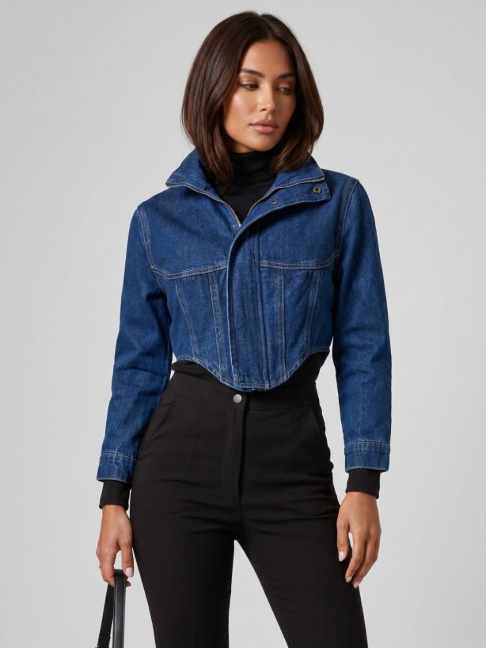 Women Cropped Denim Jacket Cotton Fitted Zip Up Casual Blue Jean Top Trend - Picture 6 of 6